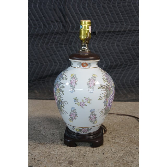Vintage Hand-Painted Floral Chinoiserie Porcelain Ginger Jar Urn Lamp Peonies For Sale - Image 4 of 18
