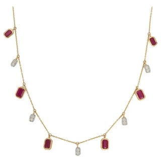3.42ct Red Ruby Charm Necklace in 18k Yellow Gold With Diamond Charms For Sale
