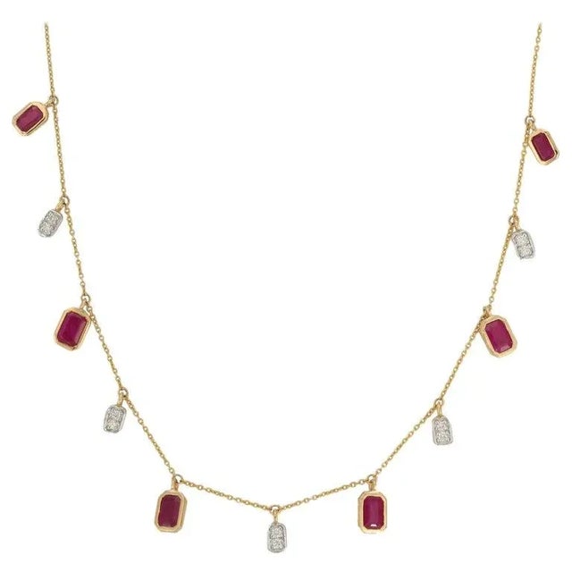 3.42ct Red Ruby Charm Necklace in 18k Yellow Gold With Diamond Charms For Sale