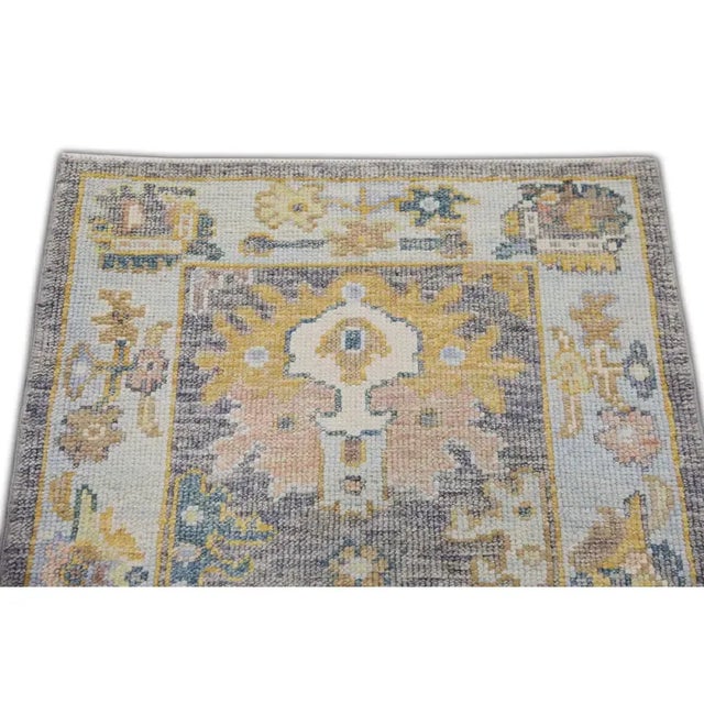 Turkish Oushak Rug Blue Yellow Gray Handwoven Vintage Rug 2'4" X 3'5" For Sale - Image 4 of 6