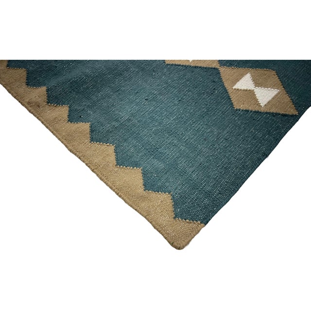 Handmade New Zealand Wool Dhurrie Runner, Turquoise Blue, Cream and Beige Diamond Runner Rug - 3'x8' For Sale - Image 6 of 15