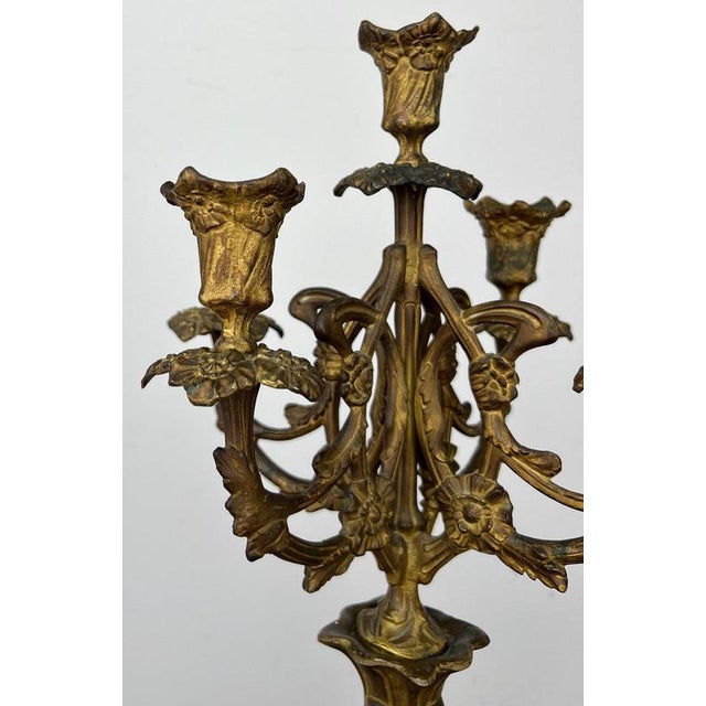 Antique French Brass and Marble 5-Arm Candelabra For Sale - Image 3 of 12