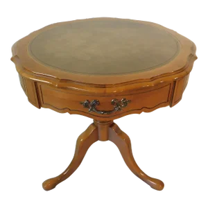 Vintage Mid Century Round Stenciled Leather Top Pedestal Accent Side Table