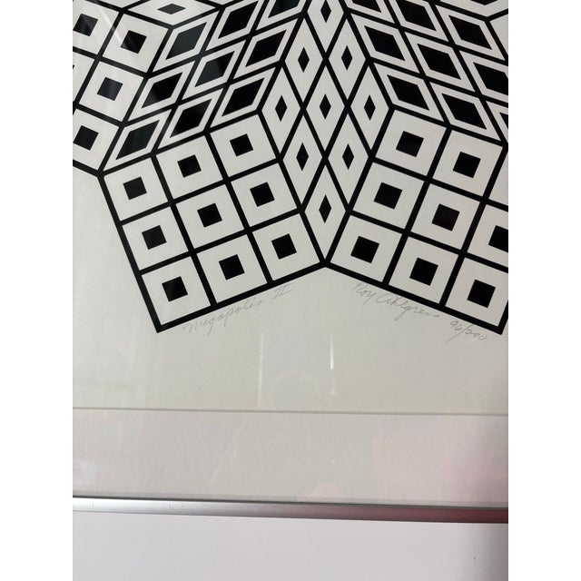 Black and white geometric limited edition print signed and numbered by Roy Ahlgren in the 1080's. Newly framed in silver...