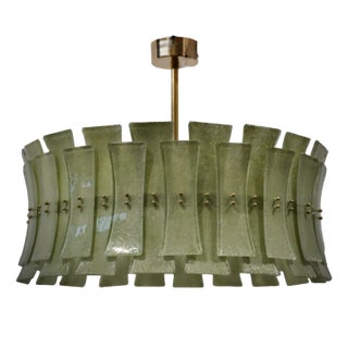 Mid-Century Murano Green Art Glass and Brass Round Chandelier For Sale