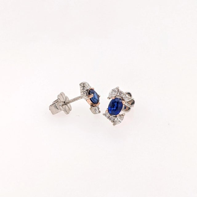 Blue Sapphire Stud Earrings With Diamond Accents: Solid 14k Gold, 4x3mm, Pair For Sale In Columbus - Image 6 of 7