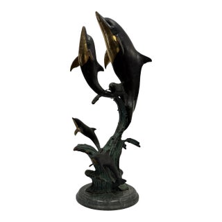Vintage Spi Brass Dolphin Pod Family Sculpture on Marble Base For Sale