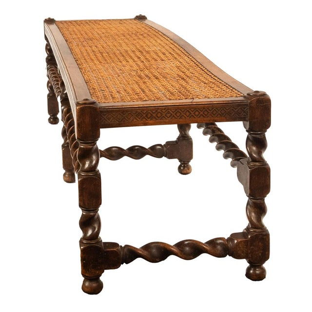 Antique English Jacobean Carved Walnut Barley Twist Caned Long Bench Seat 1880 For Sale - Image 10 of 17