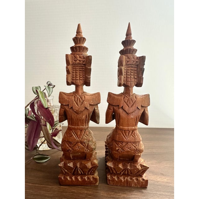 1950s Vintage Teak Wood Thai Thepphanom Guardian Angels – Hand-Carved Buddhist Prayer Figures For Sale - Image 5 of 10