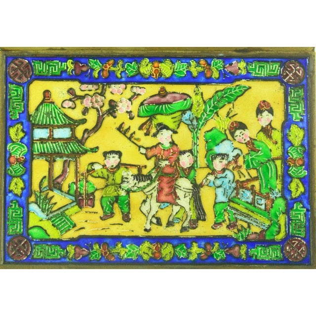 Chinese Polychrome Enameled Brass Box, Wood Lined W. Children Scene For Sale - Image 9 of 9