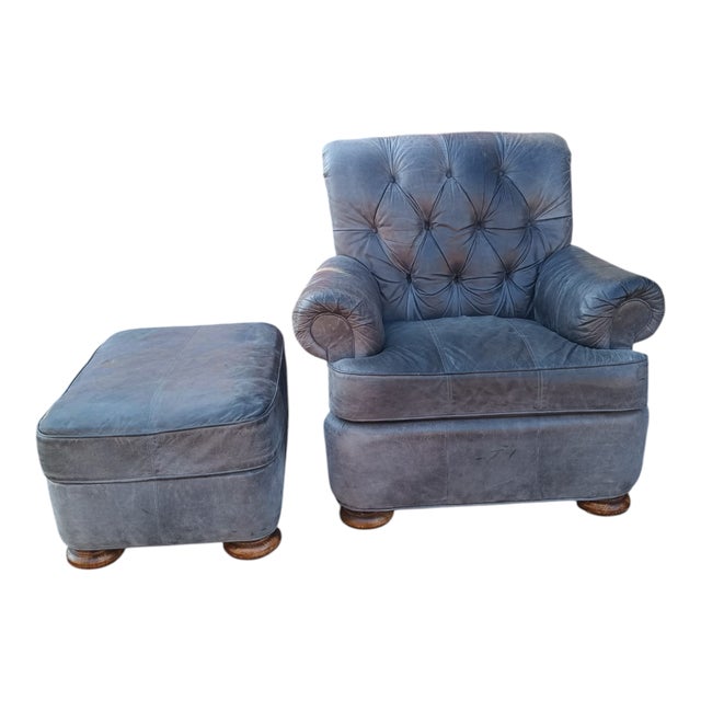 Animal Skin A Stunning Bluish-Grey Distressed Lake Hickory Collection Leather Chair & Ottoman. For Sale - Image 7 of 9