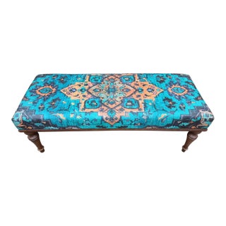 Handmade Regency Style Printed Rug Fabric Upholstered Bench For Sale