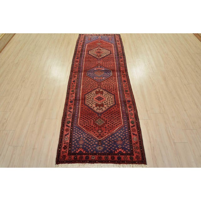Cabin Zanjan Runner 3’6” X 9’3” Red Wool Vintage Tribal Hand-Knotted Oriental Rug For Sale - Image 3 of 14