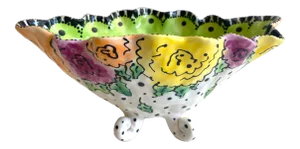 Vintage Contemporary Teyro Studio Art Pottery Hand Painted Floral Footed Pedestal Ceramic Bowl