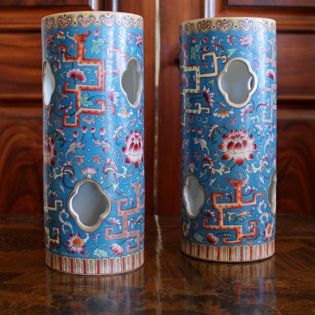 Cerulean Blue Chinese Porcelain Hat Stand Vases - A Pair For Sale - Image 14 of 14