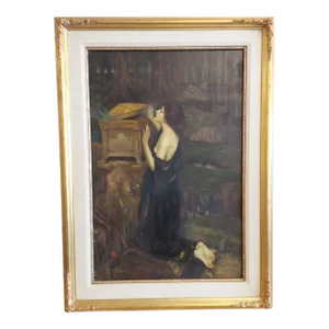 1960s "Pandora's Box" Pre-Raphaelite Figurative Painting on Canvas, Framed