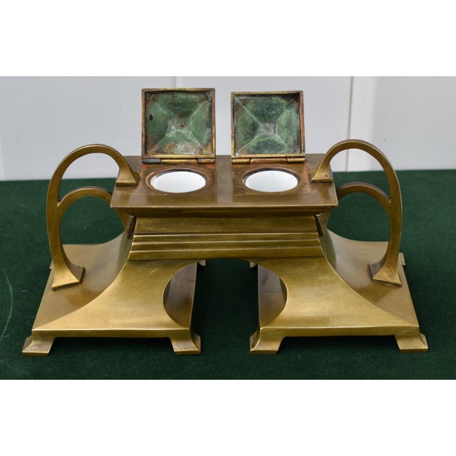 Antique Art Nouveau Bronze Dbl. Inkwell and Porcelain Inserts For Sale - Image 4 of 16