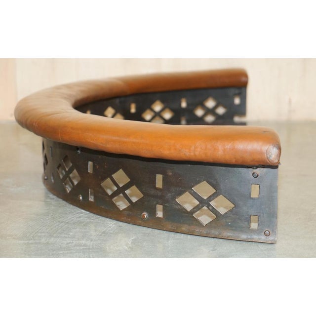 Antique Victorian Demi Lune Brown Leather Club Fender with Pierced Metal, 1880s For Sale - Image 18 of 18