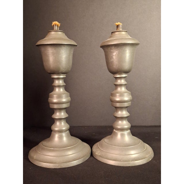 Pair Antique 1840s Freeman Porter Pewter Whale Oil Lamps Westbrook Maine No. 1 For Sale - Image 4 of 17