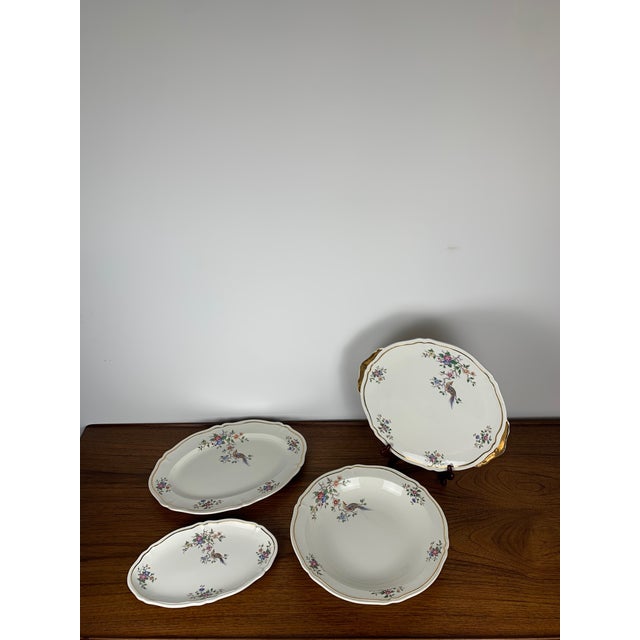 Large hollow dish "Chantilly" model by Longchamp, 1950/60 Crane and flower decor in Japanese style with gold accent...