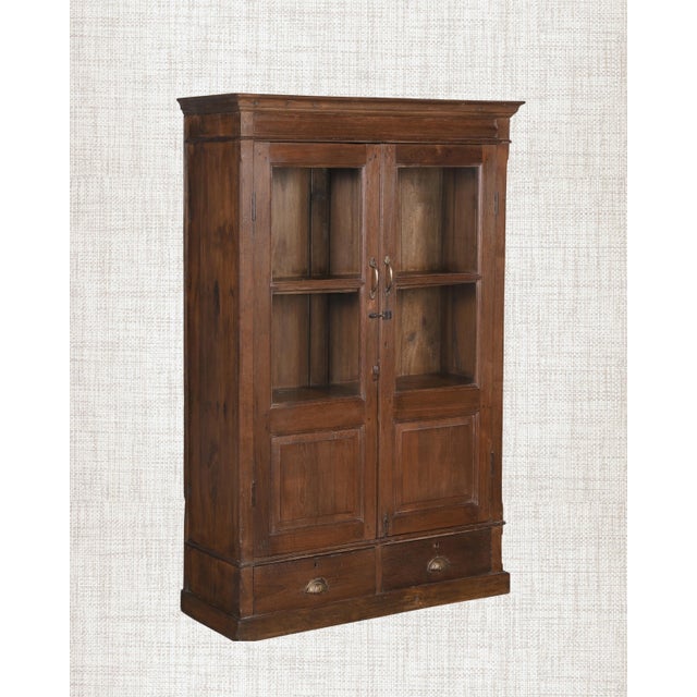 Wood Antique Indian Glass Armoire With Drawers | Rustic Display Cabinet | Vintage Teak Wood Cabinet | Wabi Sabi Decor For Sale - Image 7 of 8