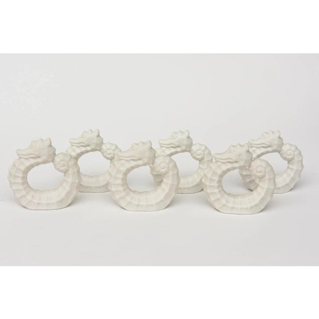 Mid-Century Modern Vintage Porcelain White Bisque Sea Horse Coastal Napkin Rings Set of 6 1950's For Sale - Image 3 of 11