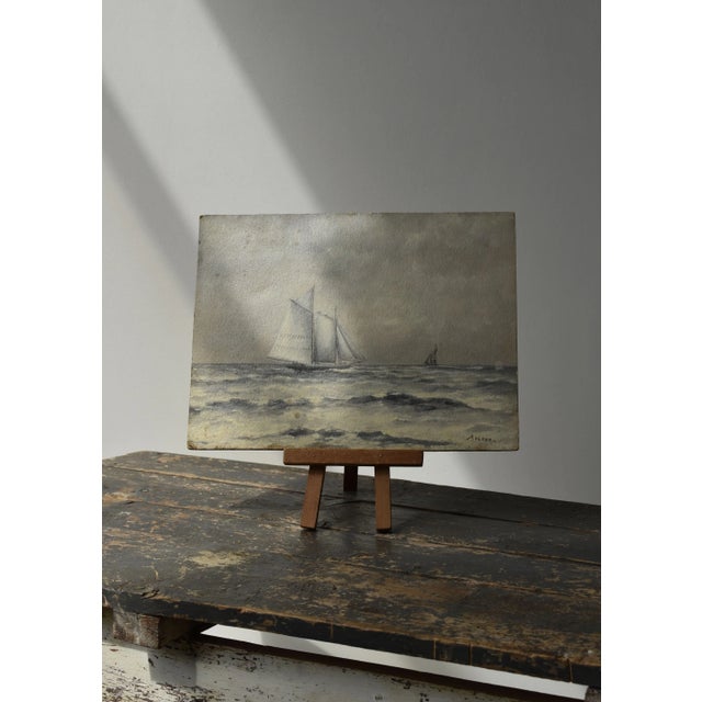 Mid-Century Modern Vintage Steely Seascape Painting on Board, Signed by the Artist, Circa Mid-20th Century For Sale - Image 3 of 14