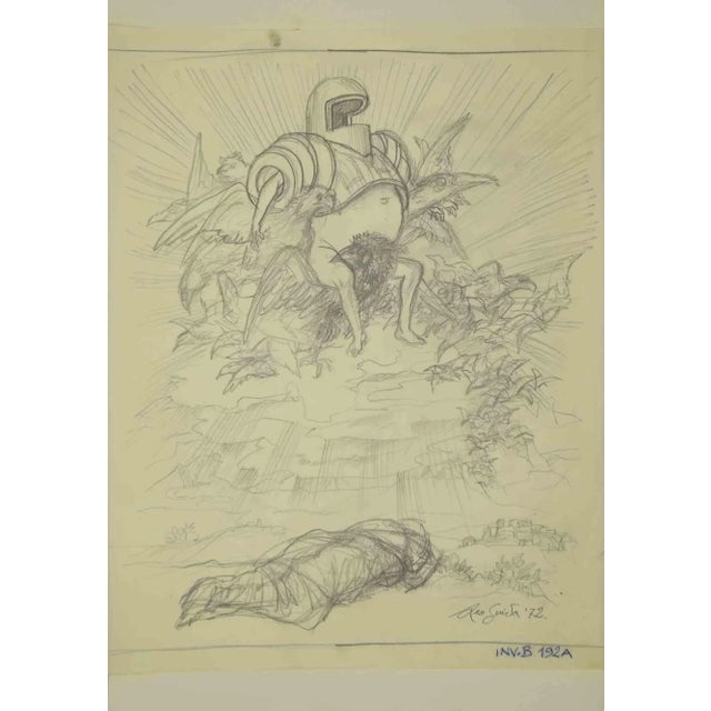 Knight on a Winged Throne is an original drawing in pencil realized by Leo Guida in 1972. Good condition. except for being...