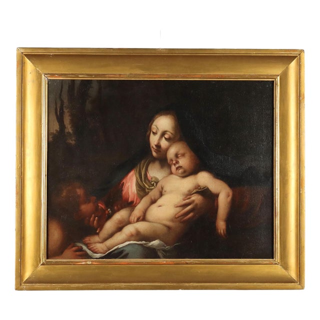 Virgin Mary with Child and Saint John, Oil on Canvas, 17th Century, Framed For Sale
