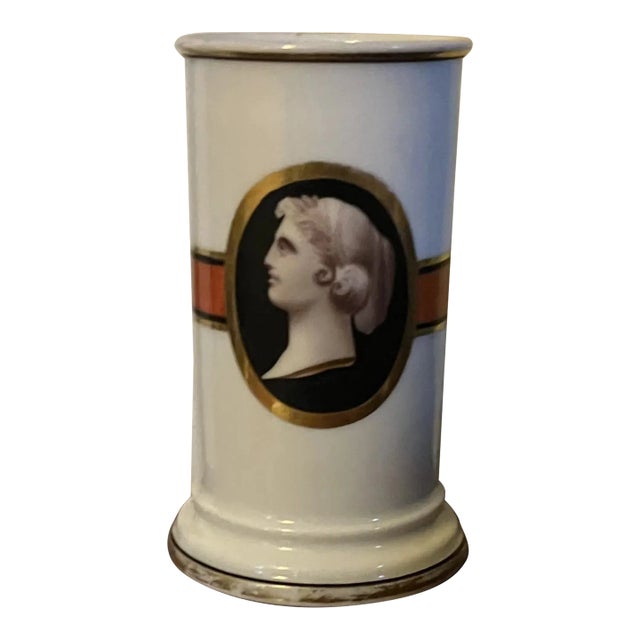 Antique 19th Century Old Paris Porcelain Cylinder Mantel Vase With Neoclassical Portrait Cameo For Sale