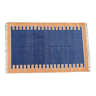 Not Yet Made - Made To Order Handmade Cotton Vegetable Dyed Blue, Cream and Tan Zig Zag Striped Rug-5'x7' For Sale