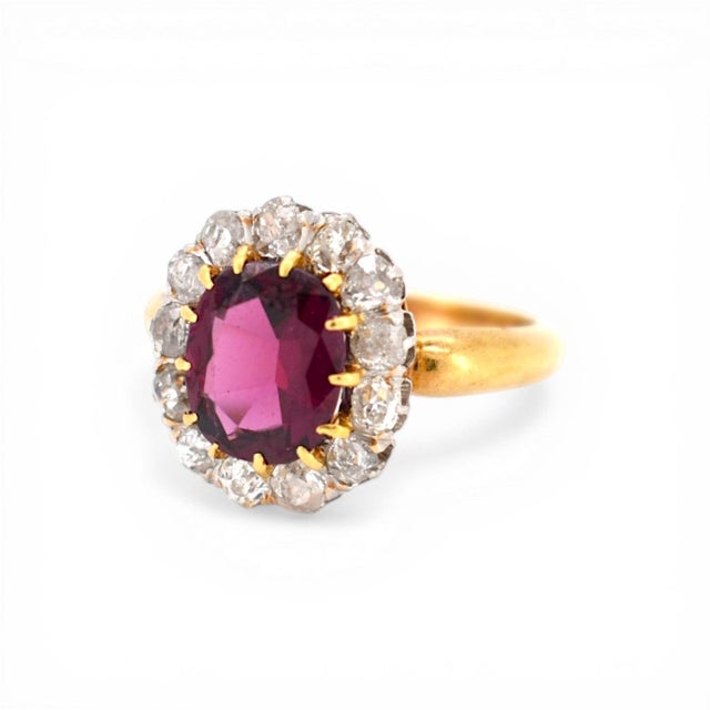 Antique Belle Époque Ring 18k Gold - 2.5ct Rubellite Garnet & 1ct Old Cut, Size 6.5 For Sale - Image 4 of 9