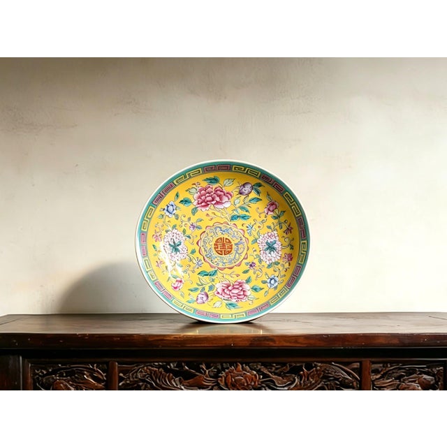 Art Deco Chinese Ceramic Plate,Qianlong Marked Famille Yellow Ground Rose Porcelain Plate Hand Painted Flowers Pattern For Sale - Image 3 of 11