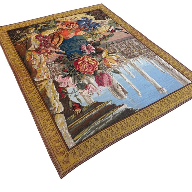Vintage French Still Life Tapestry, 1970s, Floral & Fruit Composition, 6' X 8' For Sale - Image 4 of 5