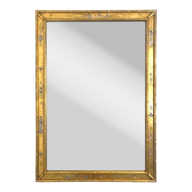 Vintage Chinoiserie Gilt La Barge Style Faux Bamboo Rectangular Wall Mirror, Miniature Hand Painted Figures & Landscapes For Sale