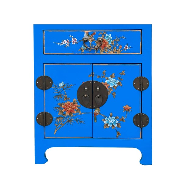 Wood Chinese Bright Blue Vinyl Moon Face Flower Birds End Table Nightstand For Sale - Image 7 of 11