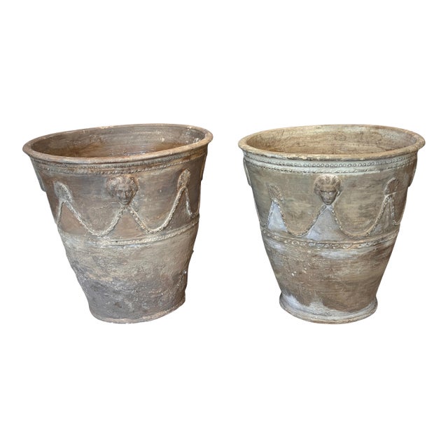 Pair of 19th Century Neapolitan Terracotta Garden Pots With Masks and Swags For Sale