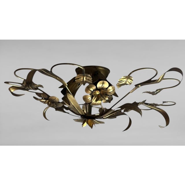 Mid-Century Modern Vintage Italian Florentine Style Gilt Wrought Iron Flush Mount Ceiling Light For Sale - Image 3 of 18