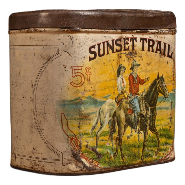 Mid 20th Century Sunset Trail Western Cigar Advertising Tin For Sale