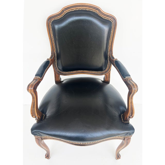 Black Vintage Italian Chateau d'Ax Leather Armchairs With Brass Nailhead Details, Pair For Sale - Image 8 of 12