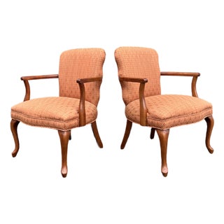 Pair of Vintage Queen Anne Style Upholstered Arm Chairs For Sale