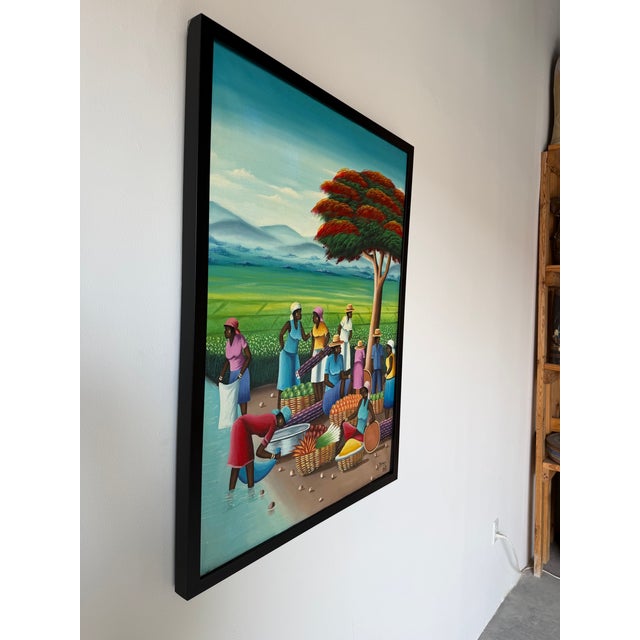 Vintage Barnes Folk Art Market Scene Oil on Canvas Painting – Framed For Sale - Image 4 of 14