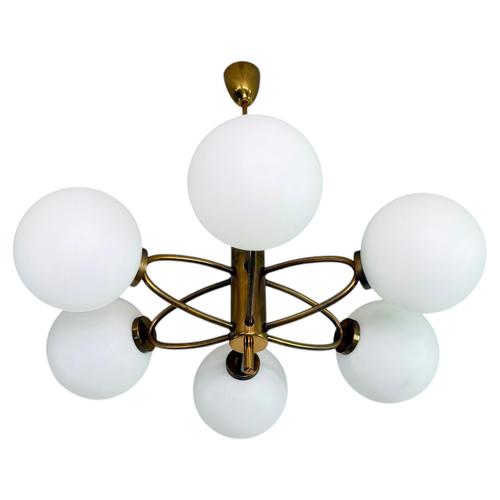 Mid-Century Modern Brass and Opaline Glass 6-Globe Chandelier, 1960s For Sale - Image 10 of 10