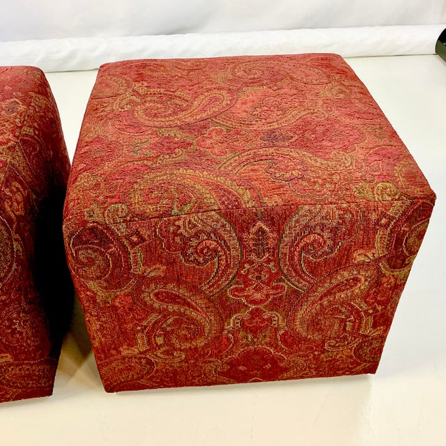 1980s Vintage Rustic European Italian Paisley Chenille Low Stools - A Pair. For Sale - Image 6 of 12