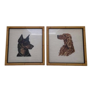 Vintage Framed Needlepoint Dog Portraits- a Pair For Sale
