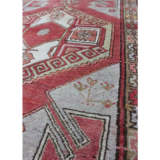 Mid 20th Century Vintage Turkish Oushak Gallery Runner With Geometric Design in Red, Olive Green For Sale - Image 5 of 7