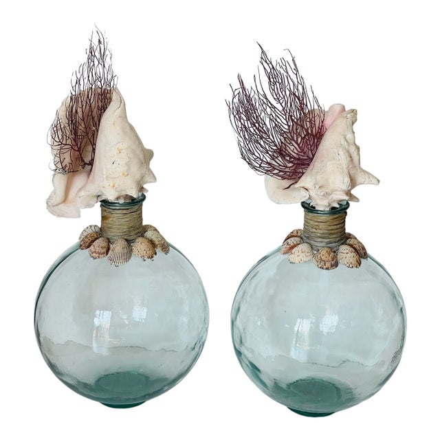 Fabulous Pair of Sra Shell Glass Demijohn Bottles For Sale