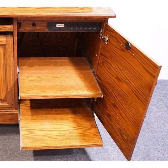 Winners Only Solid Oak Rustic Early American Country Style 74" Computer Desk W. Cabinet Storage Top For Sale - Image 12 of 18
