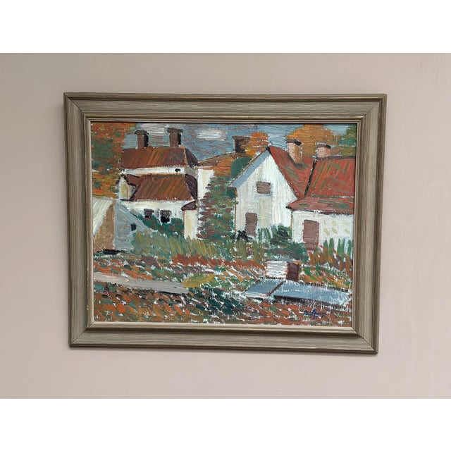 Original Swedish Oil on Canvas – Houses by Birger Skarp – Signed – Vintage & Framed – 58 × 70 cm (22.8" × 27.6") A...