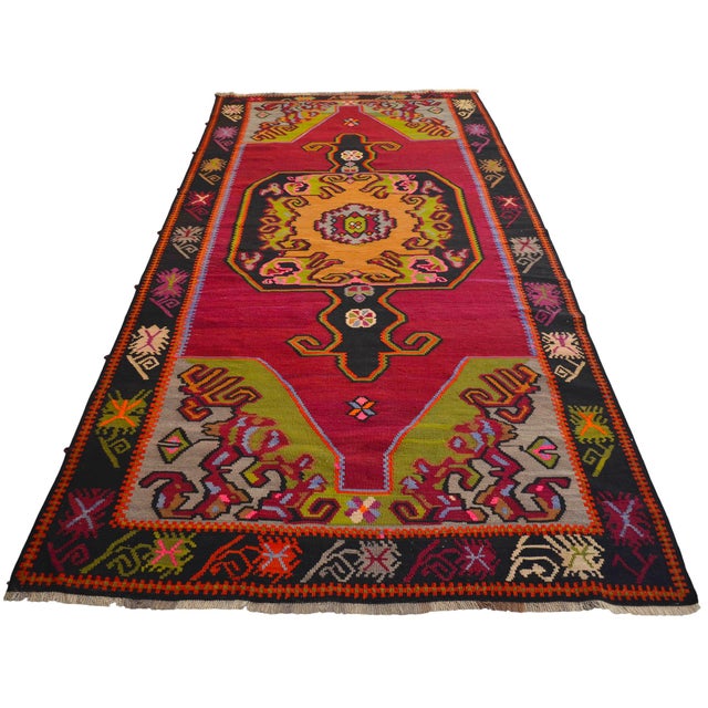 Vintage Turkish Rug Kilim Handwoven Large Runner Tribal Medallion - 6′2″ X 13′3″ For Sale - Image 4 of 14